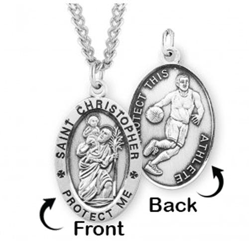 Sterling Silver Saint Christopher Double Sided Basketball Oval Religious Medal w/ Chain