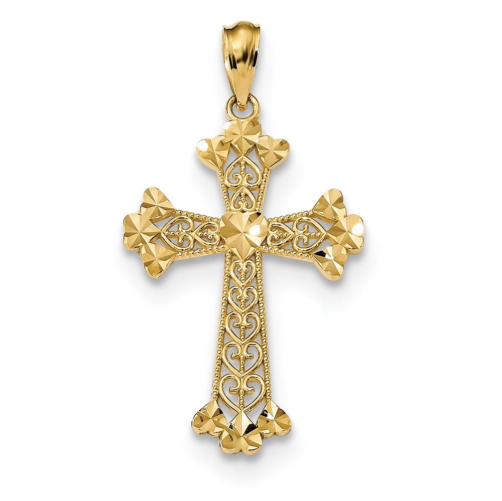14k Diamond-cut Polished Filigree Hearts Cross Pendant