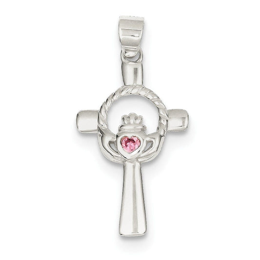 Sterling Silver Pink CZ Claddagh Cross Pendant