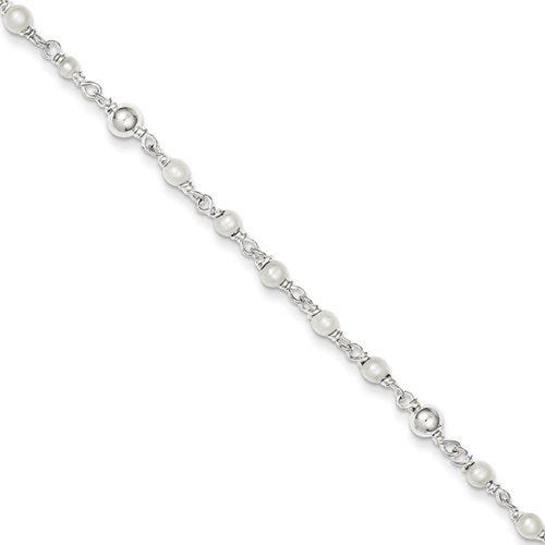 Sterling Silver Polished Freshwater Cultured Pearl & Heart Anklet