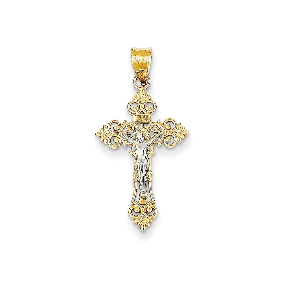 14K Two-tone Small Lacey-edged INRI Crucifix Pendant