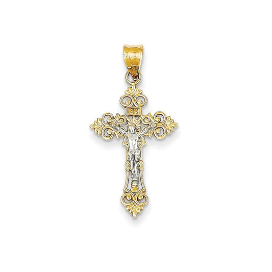 14K Two-tone Small Lacey-edged INRI Crucifix Pendant