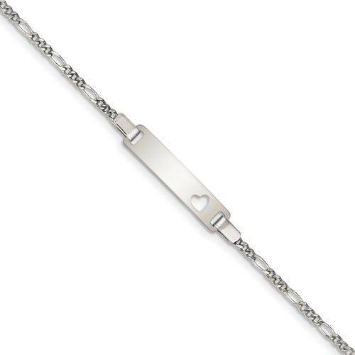 Sterling Silver Pierced Heart Figaro Chain Children's ID Bracelet