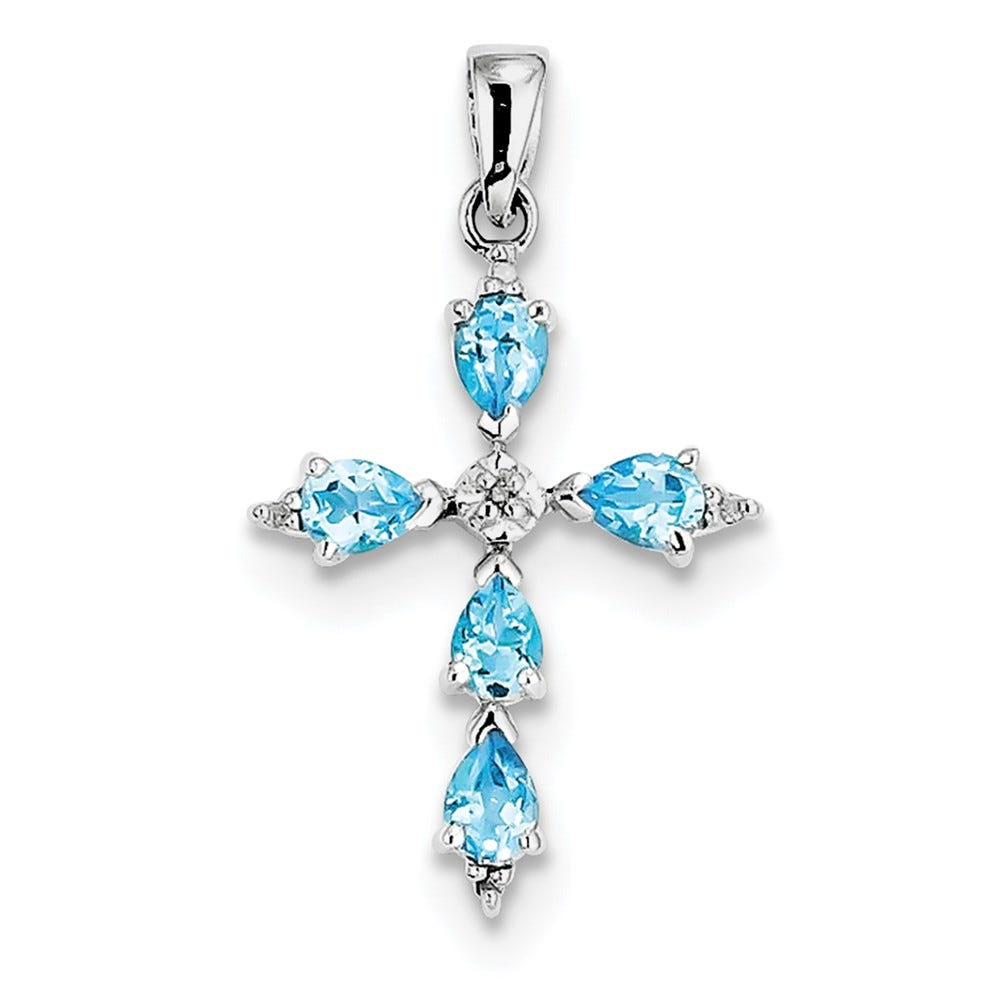Sterling Silver Rhodium Pear Swiss Blue Topaz Cross Pendant