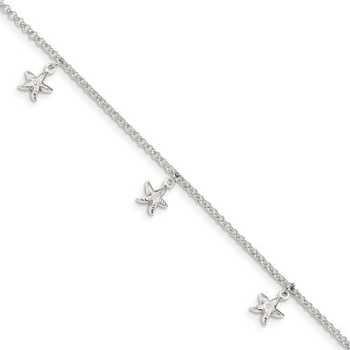 Sterling Silver Polished Starfish Charms with 1in ext. Anklet