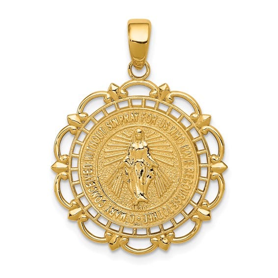 14K Polished Miraculous Medal With Scallop Frame
