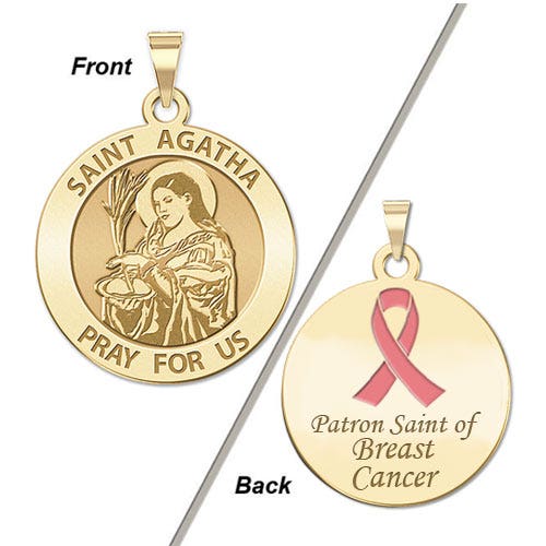 Saint Agatha Double Sided Patron Saint of  Breast Cancer Round Religious Medal w/ Pink Ribbon