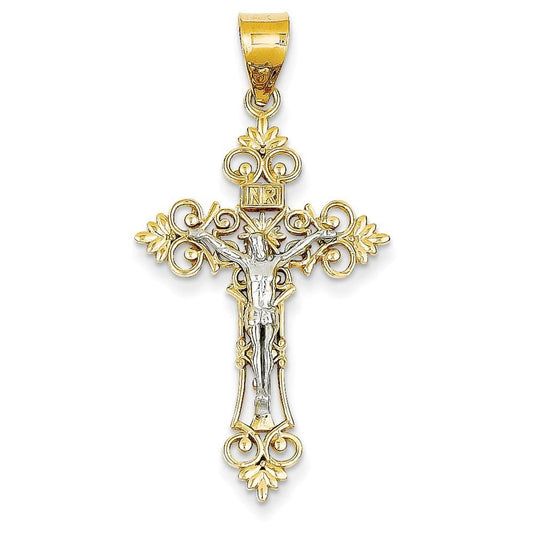 14K Two-tone Large Lacey-edged INRI Crucifix Pendant
