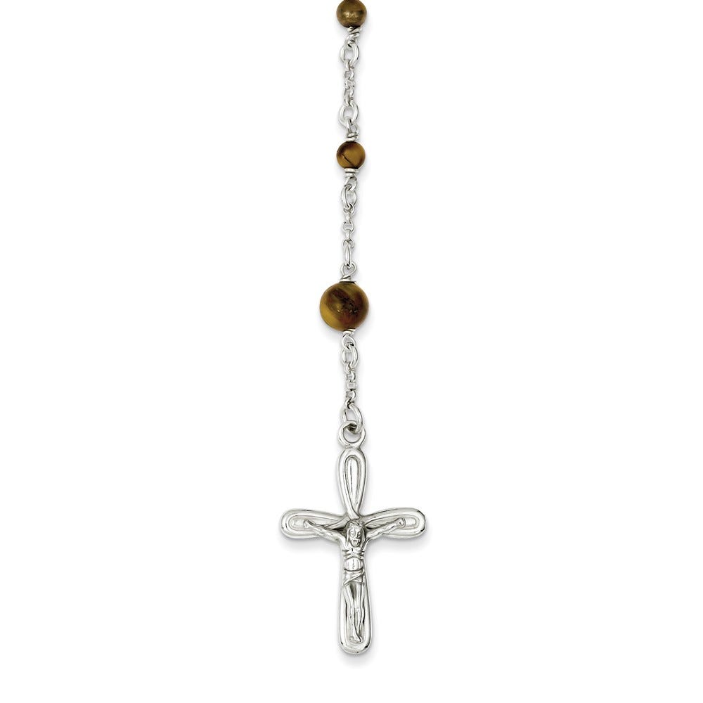 Sterling Silver Polished Tiger Eye Rosary Necklace
