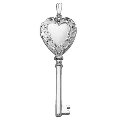 14k White Gold Key Heart Photo Locket