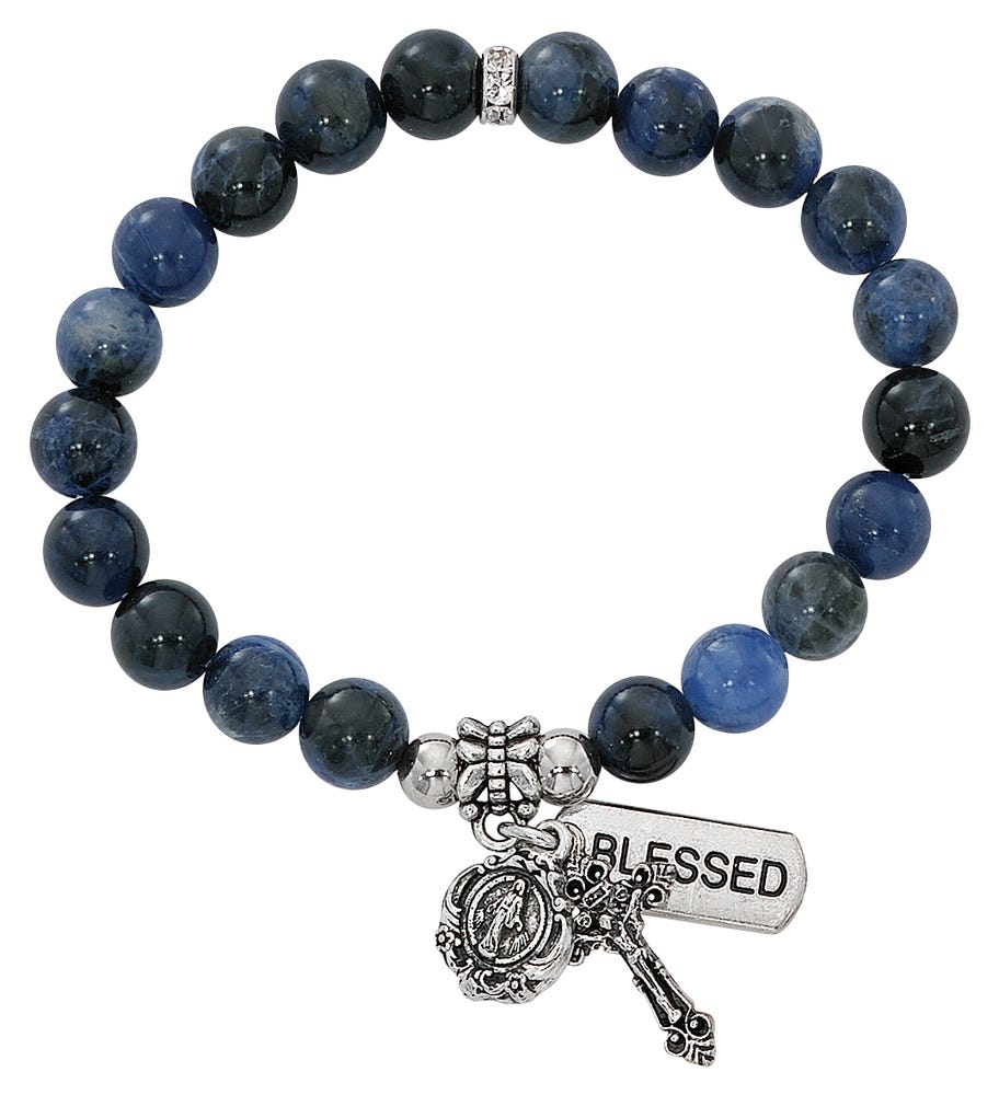 Two Decade Rosary Stretch Bracelet with Simulated Blue Lapis Beads