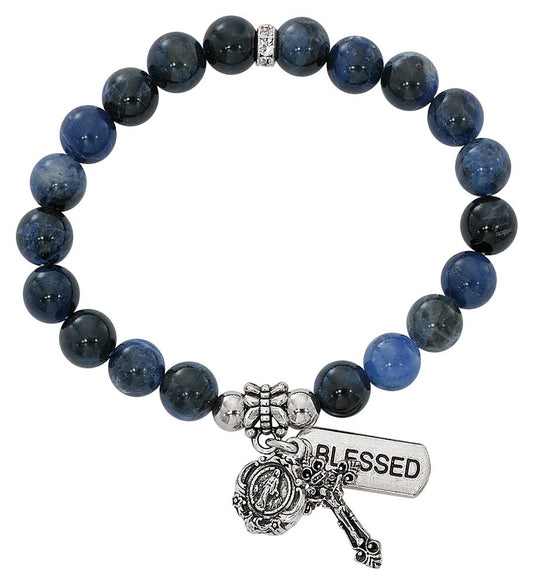 Two Decade Rosary Stretch Bracelet with Simulated Blue Lapis Beads