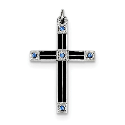 Sterling Silver Rhodium-plated Enameled & Blue CZ Cross Pendant