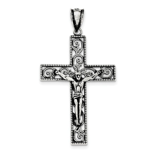 Sterling Silver Antiqued Beaded Filigree INRI Crucifix Pendant