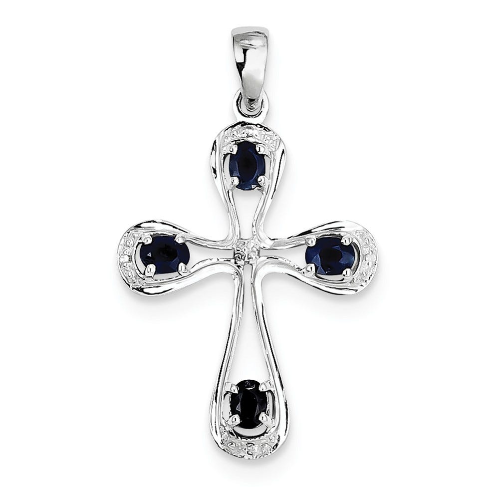 Sterling Silver Rhodium Dark Sapphire & Diamond Cross Pendant