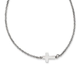 Stainless Steel Polished Sideways Cross 18in Necklace