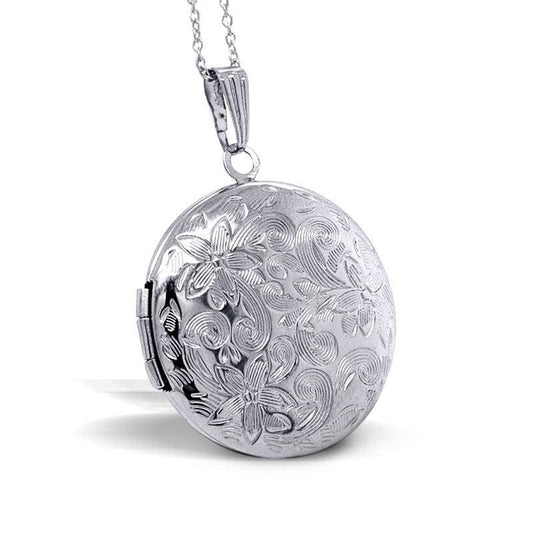 Round Floral Photo Locket with 18" Chain