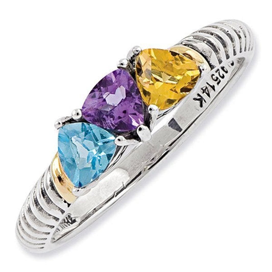 Sterling Silver & 14k Gold Antiqued Mother's Ring w/ Three Trillion Birthstones