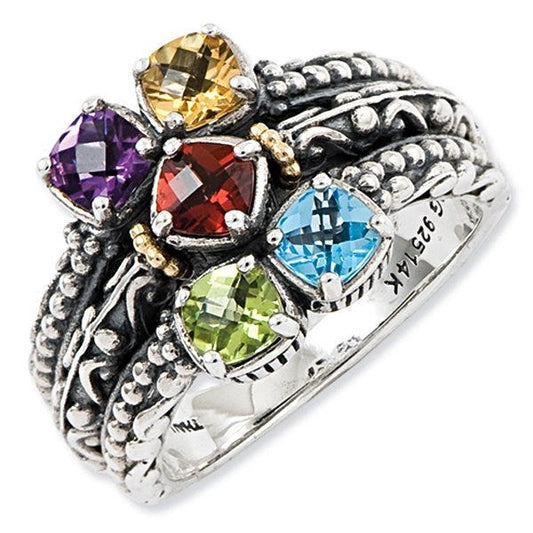 Sterling Silver & 14k Five-stone  Antiqued Mother's Ring