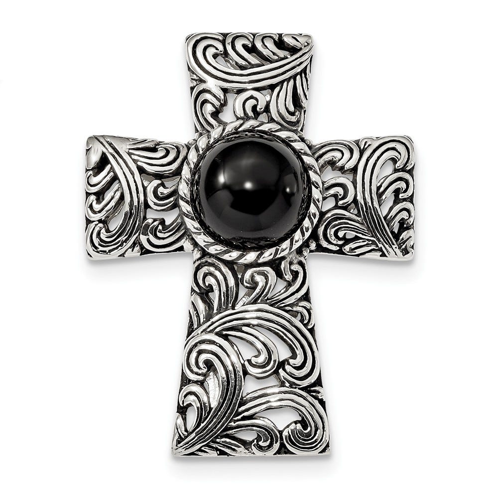 Sterling Silver Antiqued Filigree Black Onyx Cabochon Slide
