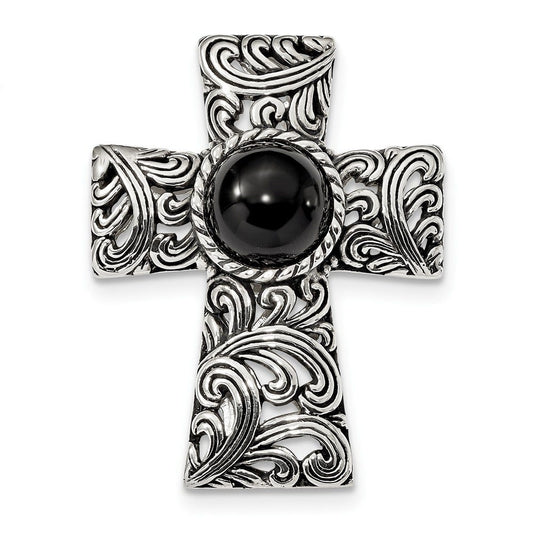 Sterling Silver Antiqued Filigree Black Onyx Cabochon Slide