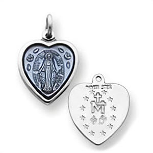 Sterling Silver Petite Heart Shaped Miraculous Religious Medal Pendant w/ Epoxy Resin