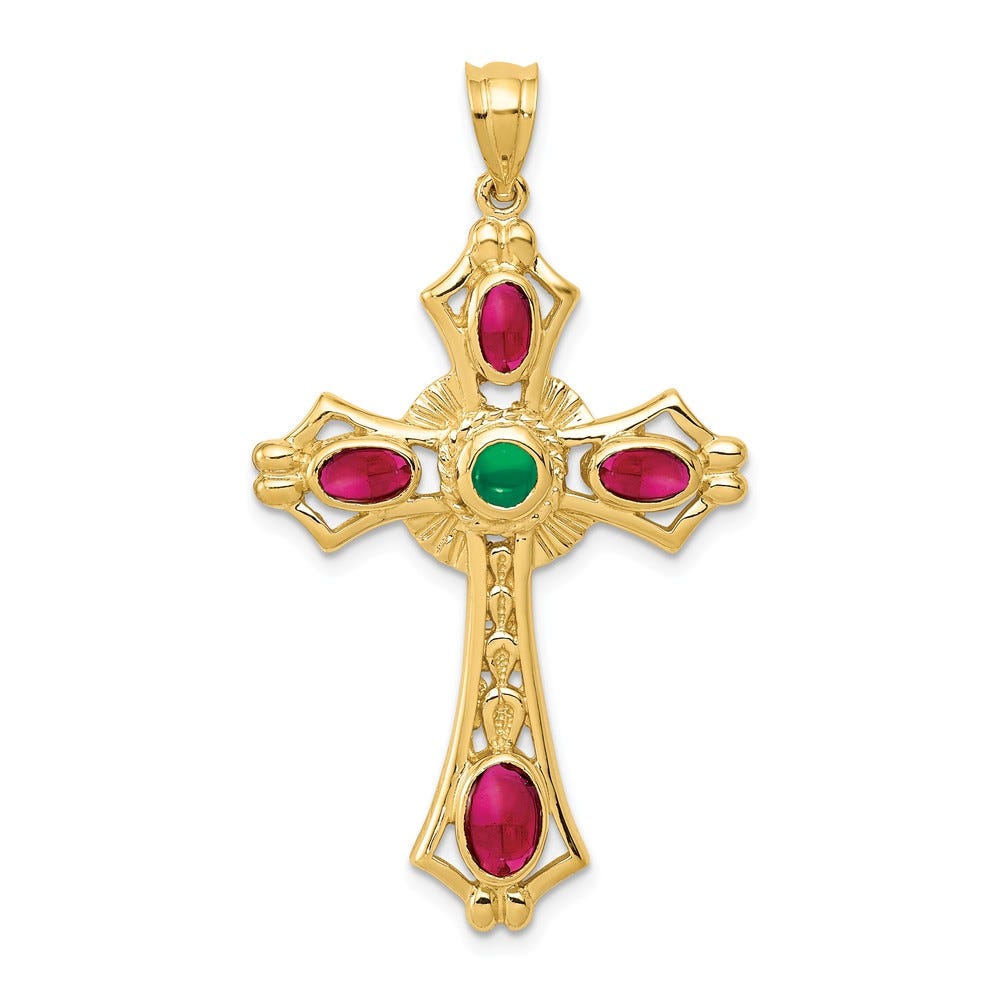 14k Ruby & Emerald Cabochon Cross Pendant