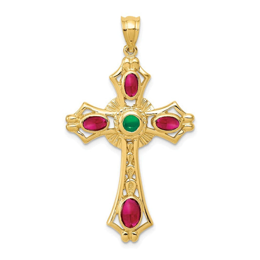 14k Ruby & Emerald Cabochon Cross Pendant