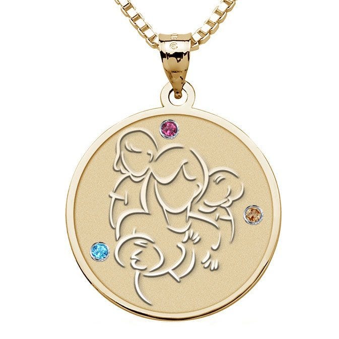 Mother with Daughter and Two Sons - with Birthstones Round Pendant