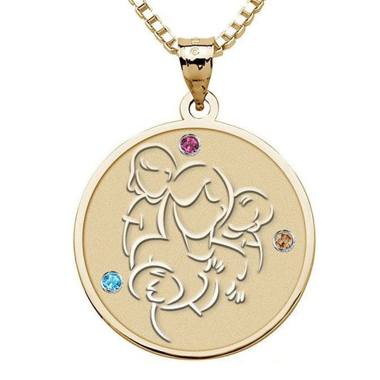 Mother with Daughter and Two Sons - with Birthstones Round Pendant
