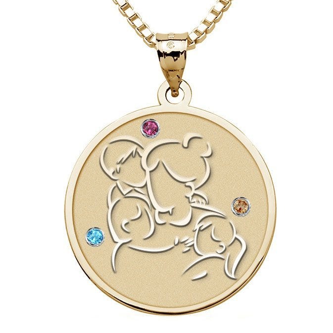 Mother with Son and 2 Daughters Round Pendant w/  Birthstones