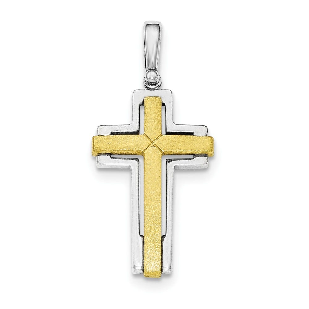 Sterling Silver Rhodium-plated & Gold-tone Brshd/Polished Cross Pendant
