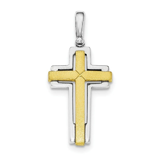 Sterling Silver Rhodium-plated & Gold-tone Brshd/Polished Cross Pendant