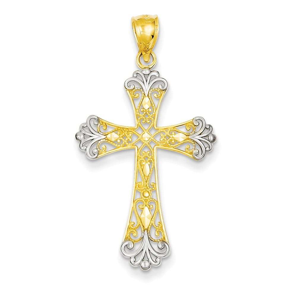 14k w/Rhodium Diamond-cut Cross Pendant