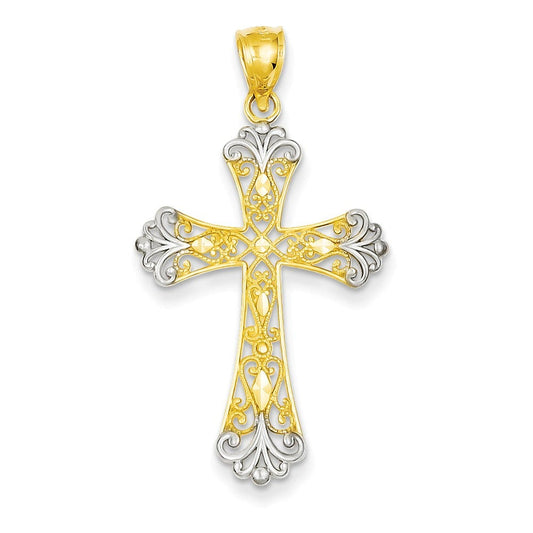 14k w/Rhodium Diamond-cut Cross Pendant