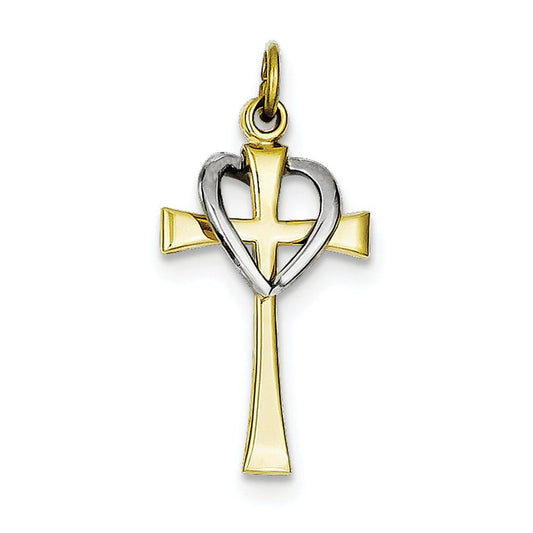 Sterling Silver Rhodium-plated & Vermeil Polished Cross & Heart Pendant