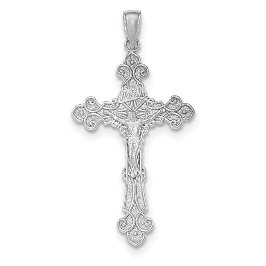 14K White Gold Polished INRI Crucifix Fleur di Lis Pendant