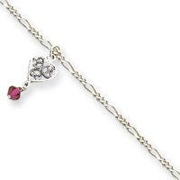 Sterling Silver Antiqued Dark Pink Crystals Dangling Hearts Anklet