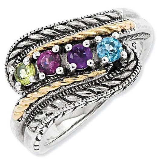 Sterling Silver & 14k Four-stone  Antiqued Mother's Ring