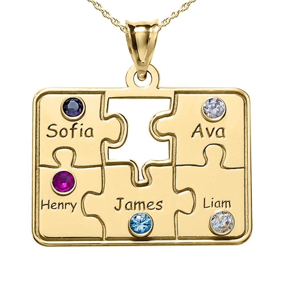 Personalized Family Five Piece Jigsaw Puzzle Pendant w/ Names & Birthstones- Includes 18 Inch Chain