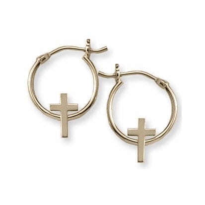 14K  Yellow Gold Children's Hoops with Cross Earrings