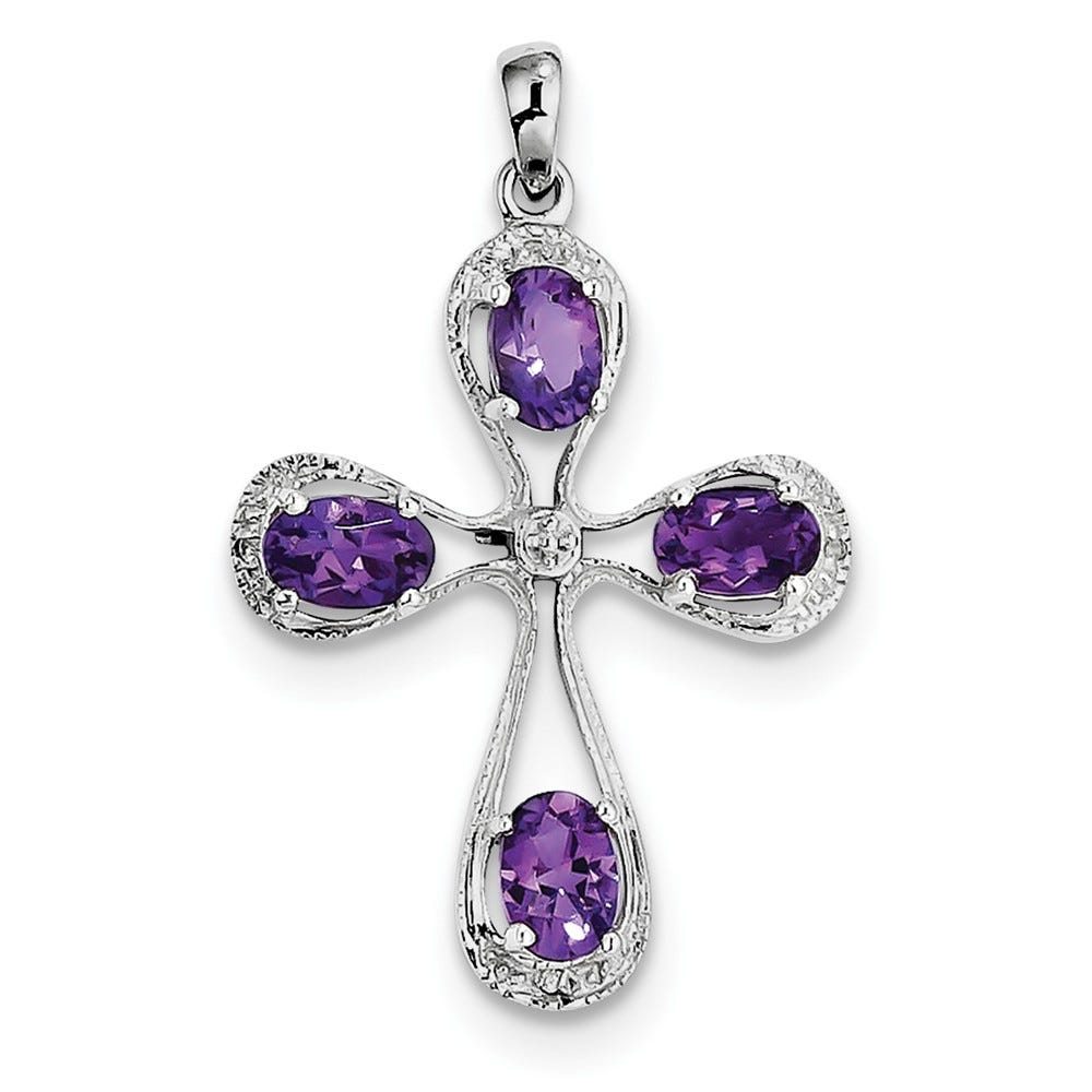 Sterling Silver Rhodium Amethyst & Diamond Cross Pendant