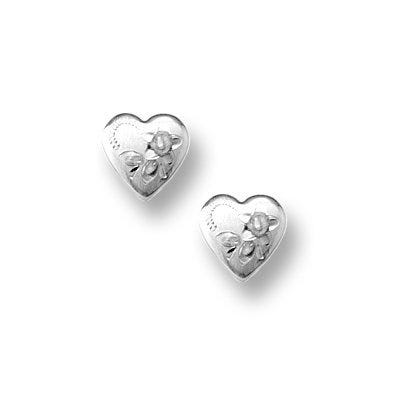 14K  White Gold Child's "Heart"  with Flower Hand Engraved Earrings