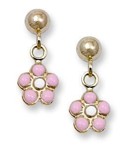 14K Yellow Gold Pink Flowers Epoxy Dangles Children Post Earrings
