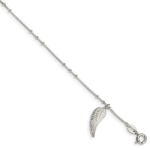 Sterling Silver Polished Wing Dangle Anklet w/ 1 Inch ext.