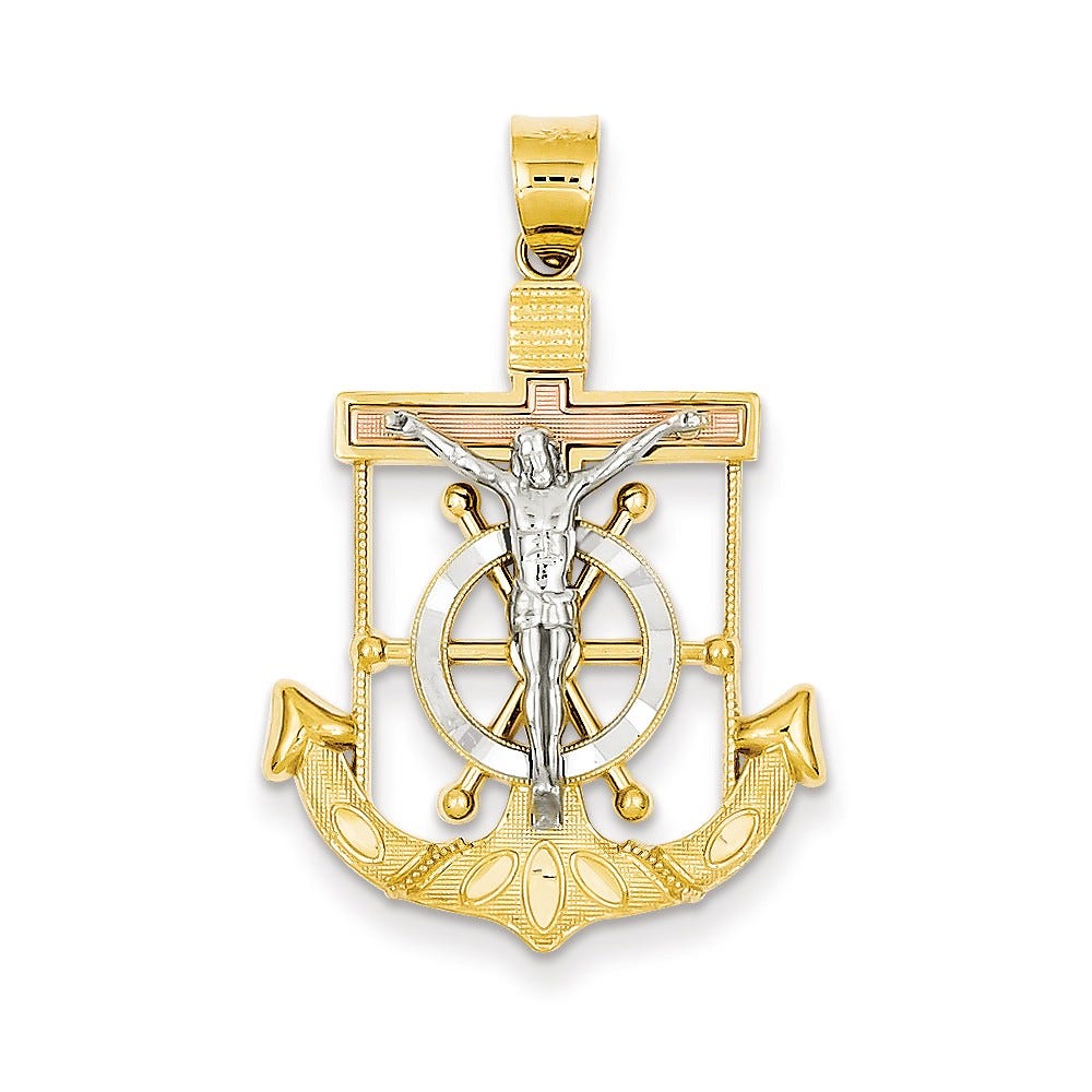 14k Tri-color Diamond-cut w/Textured Mariner\'s Cross Pendant