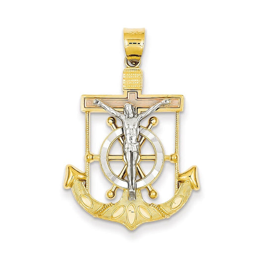 14k Tri-color Diamond-cut w/Textured Mariner\'s Cross Pendant