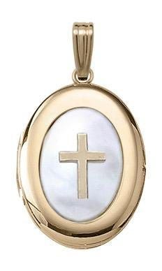 Solid 14K Yellow Gold Mother of Pearl Cross Oval Photo Locket