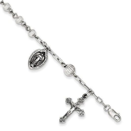 Sterling Silver  Round Flute Rosary Bracelet /with Miraculous Medal - 7 Inch Sterling Silver Rosary Bracelet