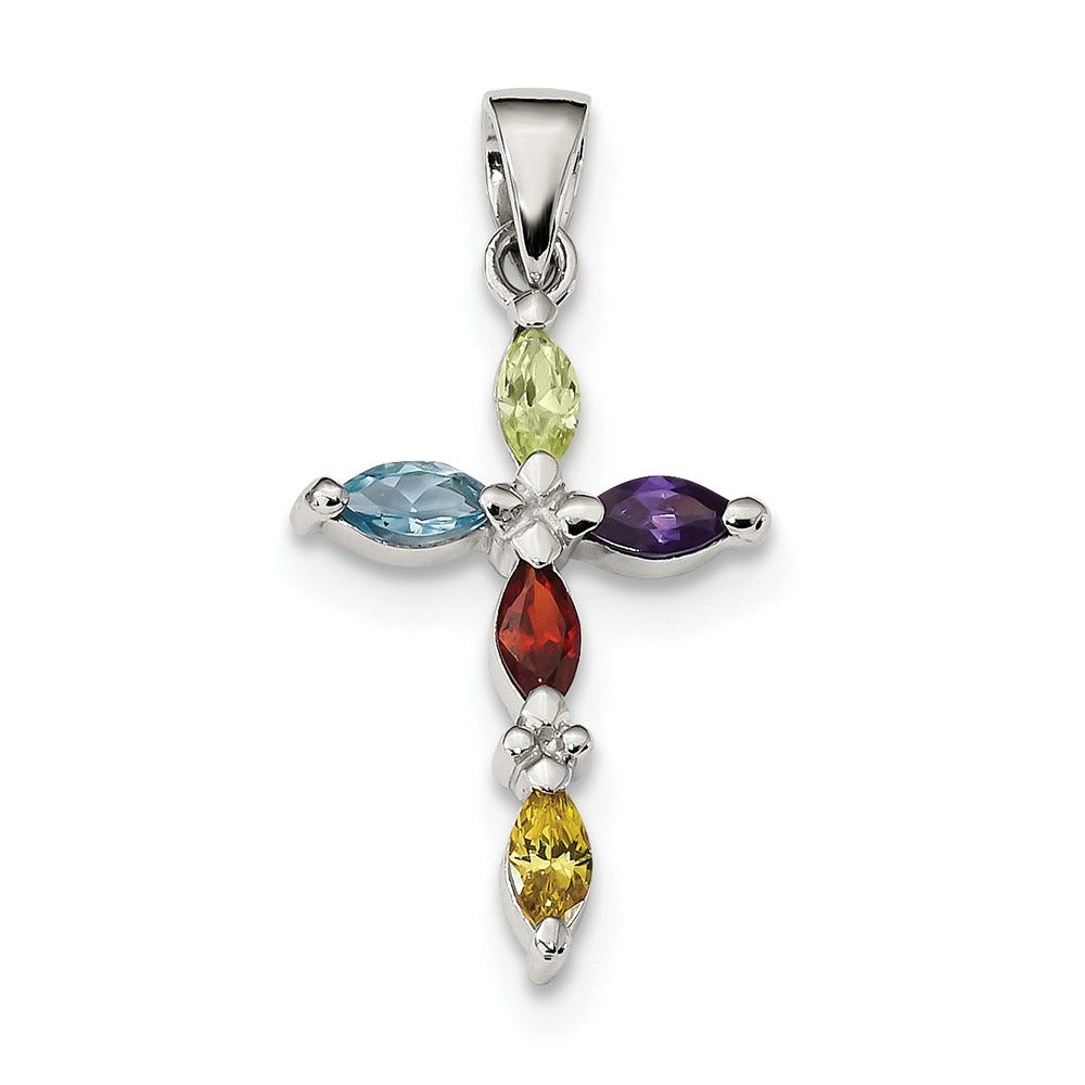 Sterling Silver Rhodium-plated Multi-Color CZ Cross Pendant